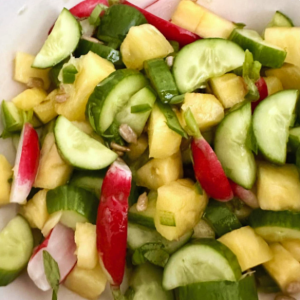 Persian cucumbers, diced jalapeño, fresh pineapple, last of the breakfast radishes